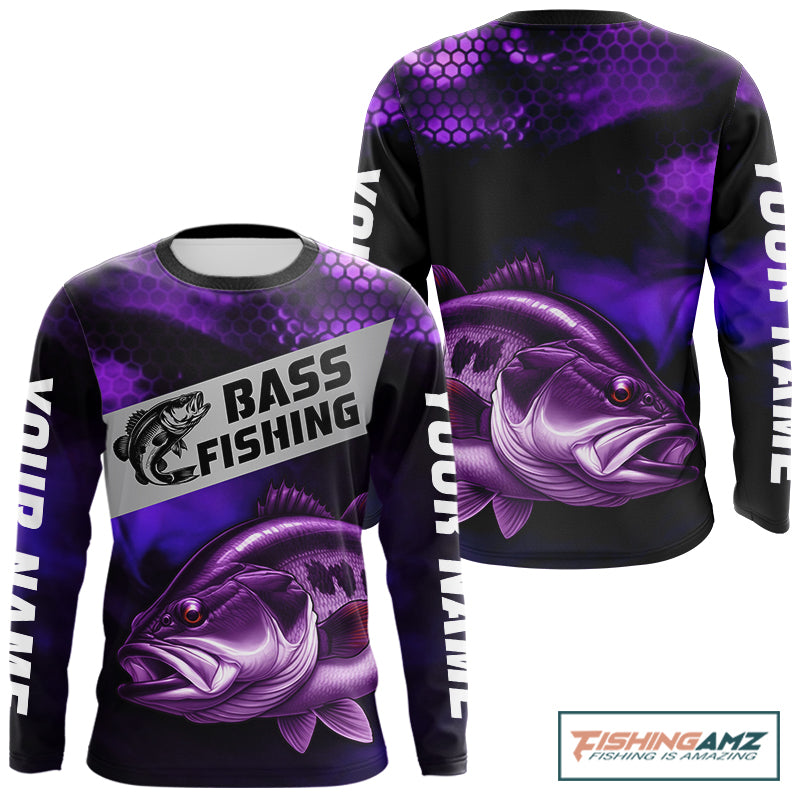 Purple Largemouth Bass Long Sleeve Fishing Shirts, Custom Big Bass Fishing Jerseys NBT379