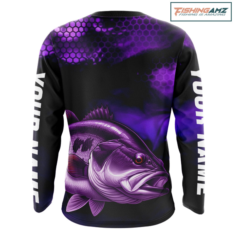 Purple Largemouth Bass Long Sleeve Fishing Shirts, Custom Big Bass Fishing Jerseys NBT379