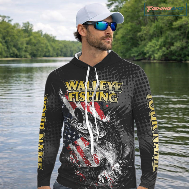Walleye Custom Made Fishing Shirts, American Flag Walleye Long Sleeve Hooded Fishing Shirts NBT430