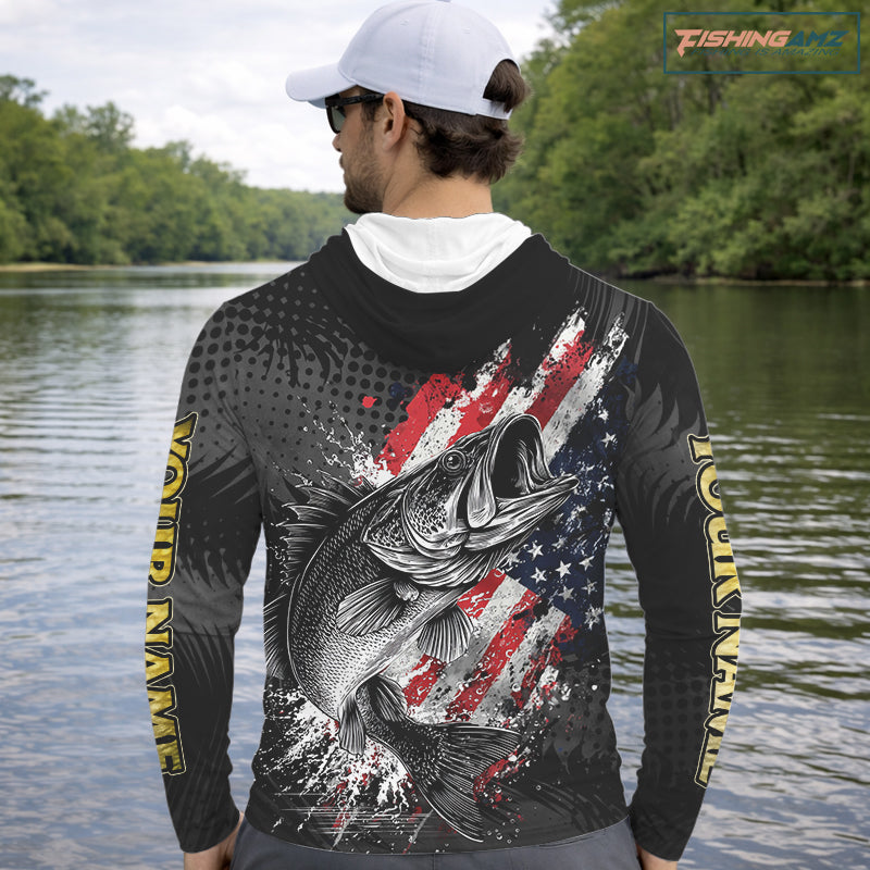 Walleye Custom Made Fishing Shirts, American Flag Walleye Long Sleeve Hooded Fishing Shirts NBT430