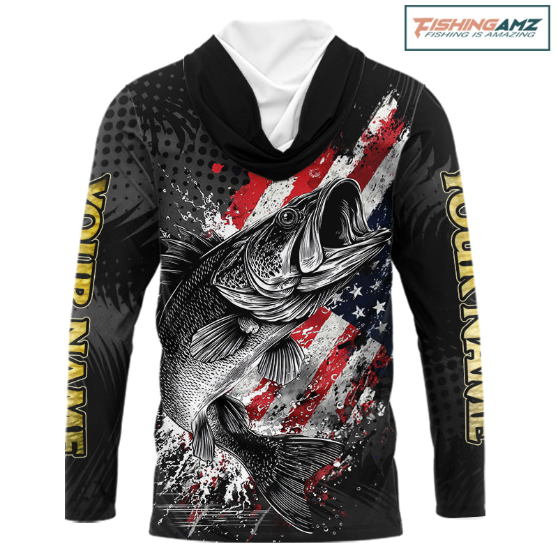 Walleye Custom Made Fishing Shirts, American Flag Walleye Long Sleeve Hooded Fishing Shirts NBT430