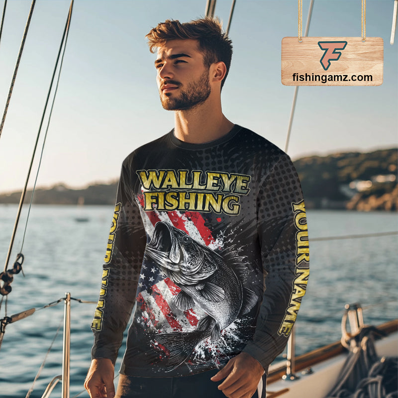 Walleye Custom Made Fishing Shirts, American Flag Walleye Fishing Shirts Long Sleeve NBT430