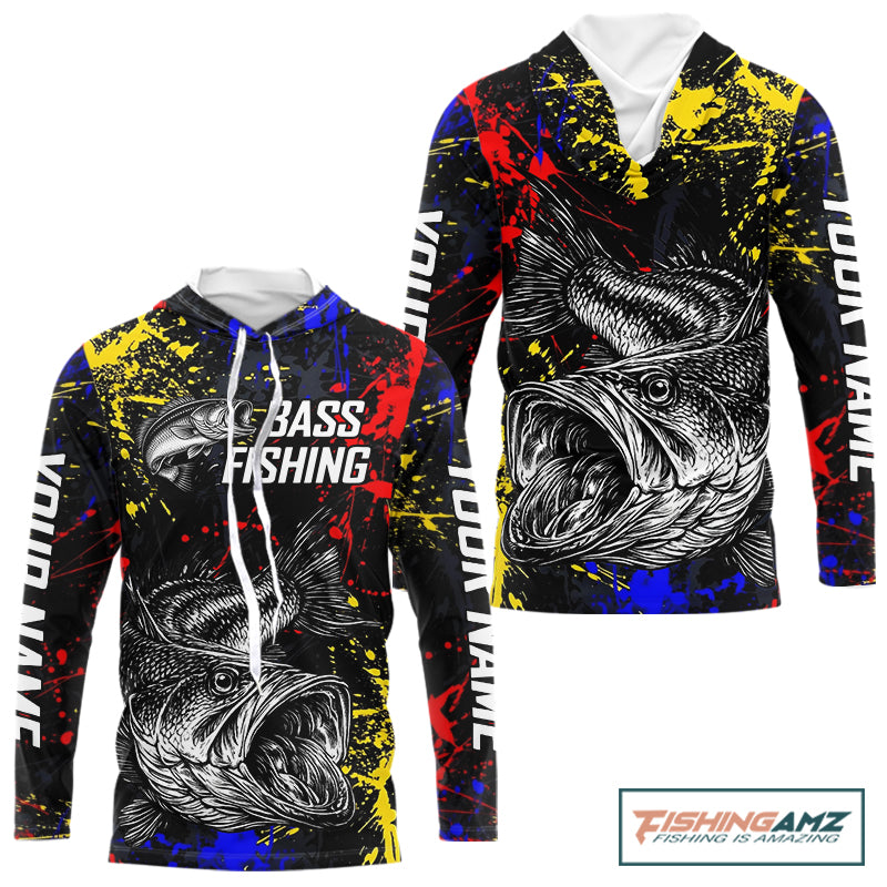 Colorful Paint Tattoo Bass Fishing Shirts Long Sleeve With Hood, Bass Fishing Jerseys NBT431