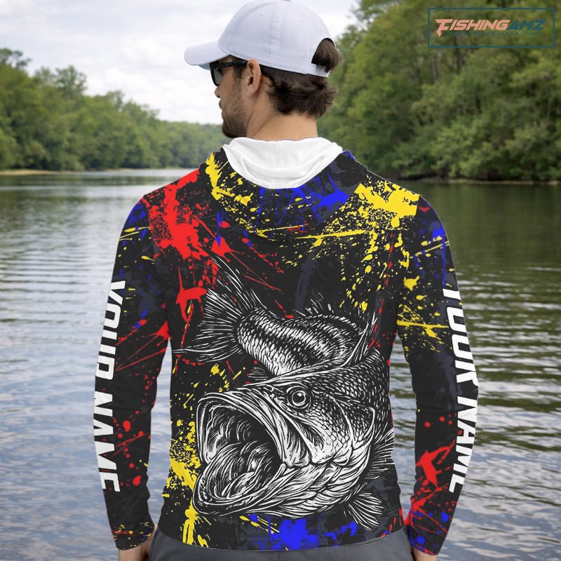 Colorful Paint Tattoo Bass Fishing Shirts Long Sleeve With Hood, Bass Fishing Jerseys NBT431