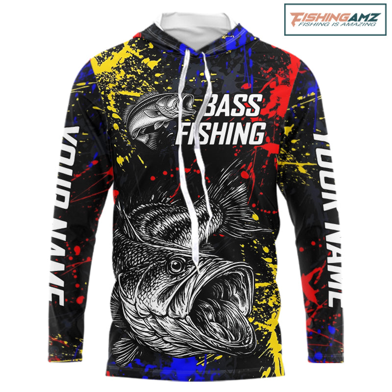 Colorful Paint Tattoo Bass Fishing Shirts Long Sleeve With Hood, Bass Fishing Jerseys NBT431