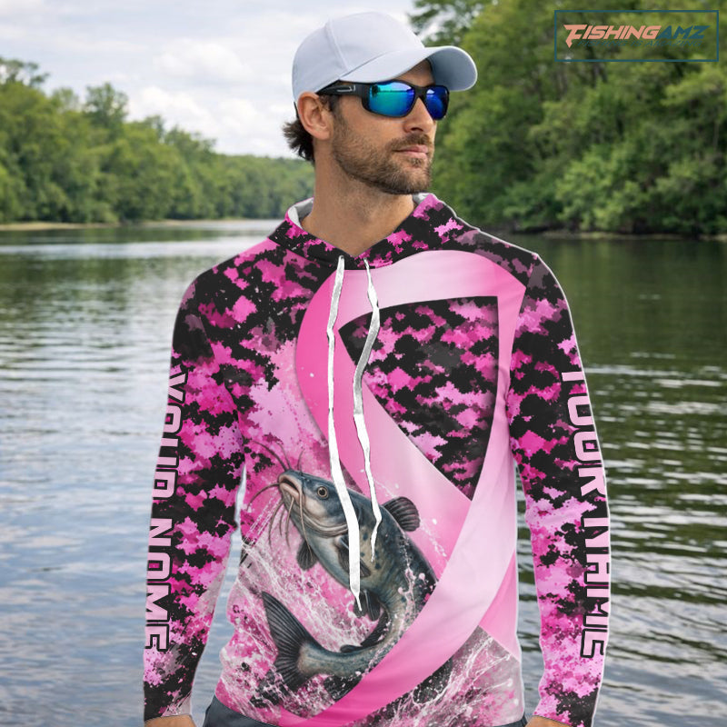 Pink Ribbon Camouflage Catfish Fishing Breast Cancer Custom Sun Protection Long Sleeves Hooded Fishing Shirts NBT918