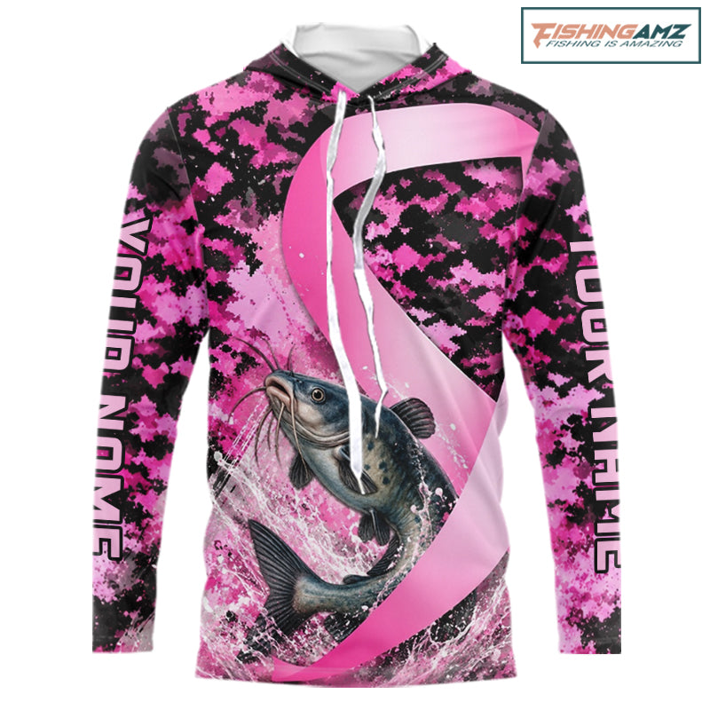 Pink Ribbon Camouflage Catfish Fishing Breast Cancer Custom Sun Protection Long Sleeves Hooded Fishing Shirts NBT918