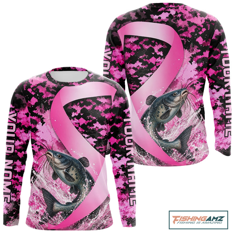 Pink Ribbon Camouflage Catfish Fishing Breast Cancer Custom Sun Protection Long Sleeves Fishing Shirts NBT918