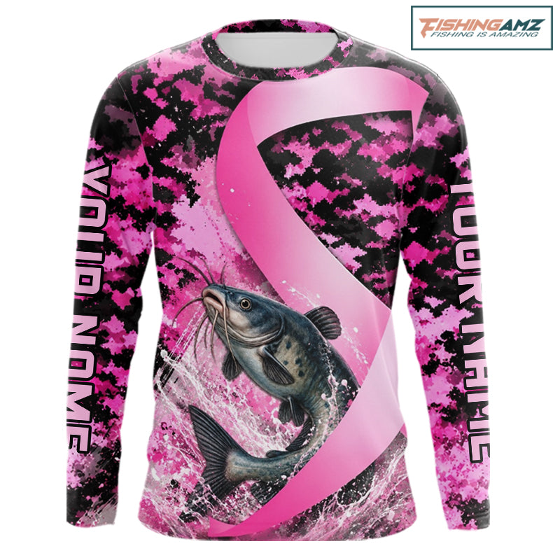 Pink Ribbon Camouflage Catfish Fishing Breast Cancer Custom Sun Protection Long Sleeves Fishing Shirts NBT918