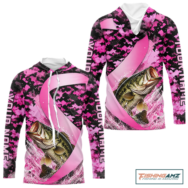 Pink Ribbon Camouflage Bass Fishing Breast Cancer Custom Sun Protection Long Sleeves Hooded Fishing Shirts NBT919