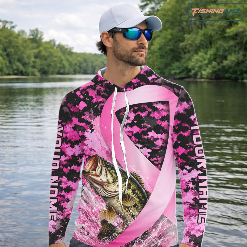 Pink Ribbon Camouflage Bass Fishing Breast Cancer Custom Sun Protection Long Sleeves Hooded Fishing Shirts NBT919