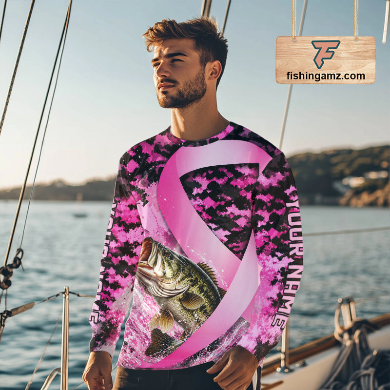 Pink Ribbon Camouflage Bass Fishing Breast Cancer Custom Sun Protection Long Sleeves Fishing Shirts NBT919