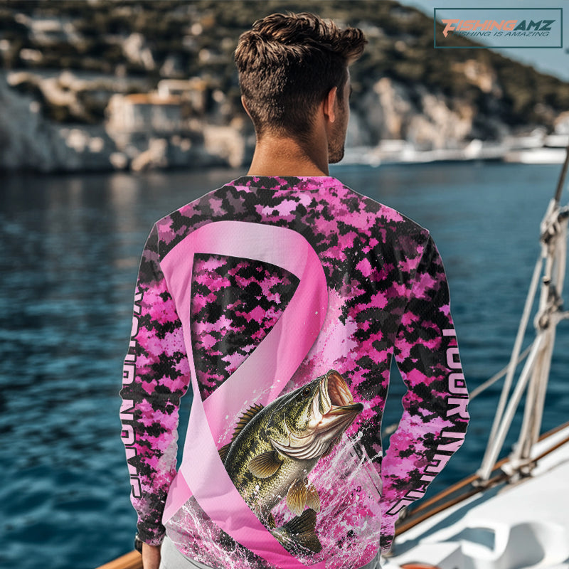 Pink Ribbon Camouflage Bass Fishing Breast Cancer Custom Sun Protection Long Sleeves Fishing Shirts NBT919