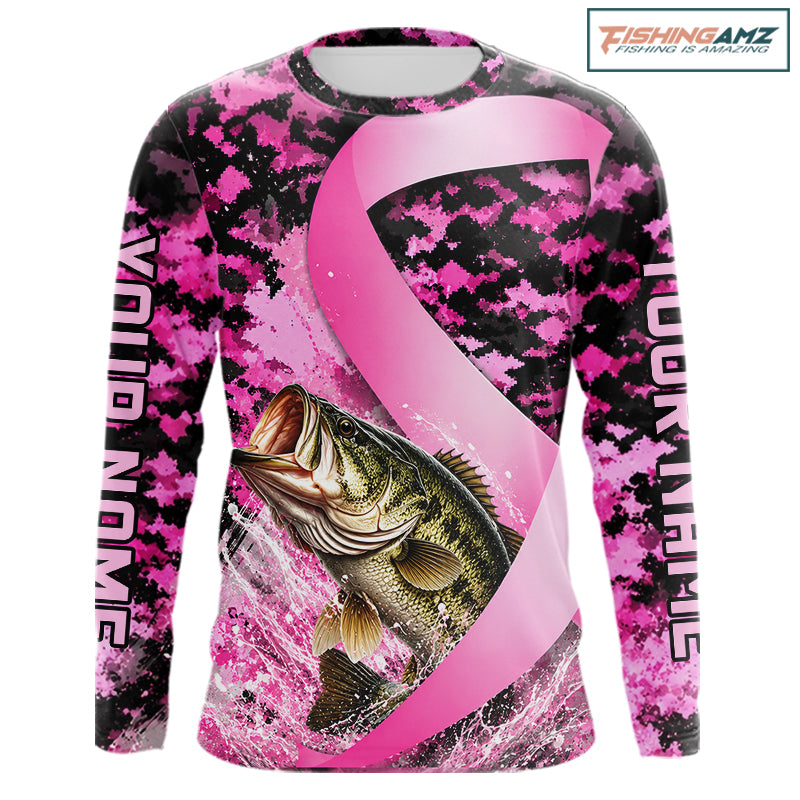 Pink Ribbon Camouflage Bass Fishing Breast Cancer Custom Sun Protection Long Sleeves Fishing Shirts NBT919