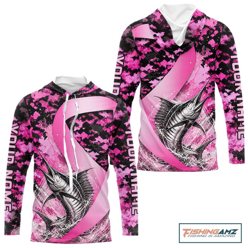 Pink Ribbon Camouflage Marlin Fishing Breast Cancer Custom Sun Protection Long Sleeves Hooded Fishing Shirts NBT920