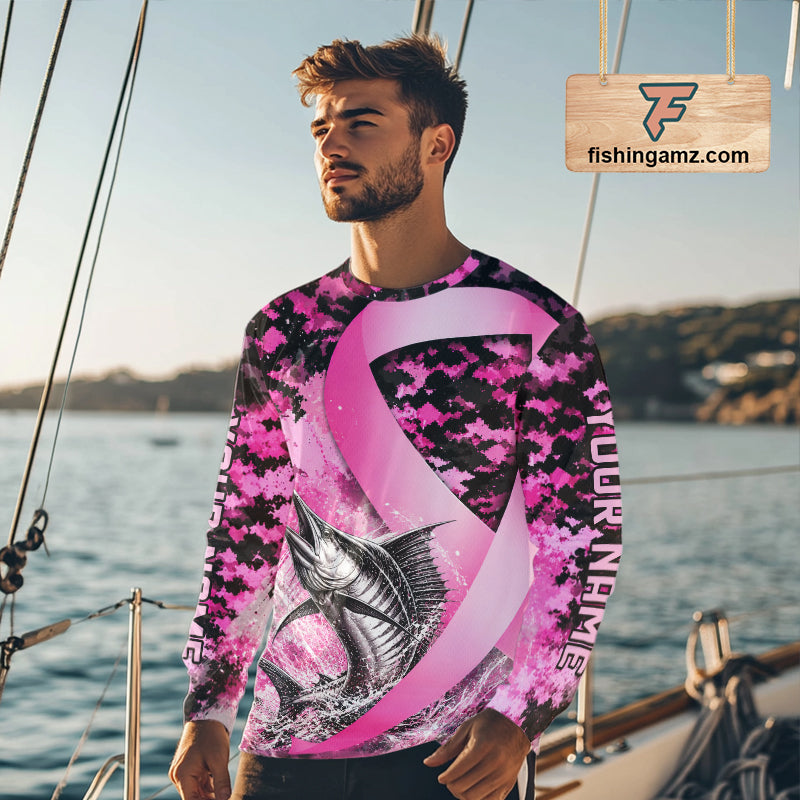 Pink Ribbon Camouflage Marlin Fishing Breast Cancer Custom Sun Protection Long Sleeves Fishing Shirts NBT920