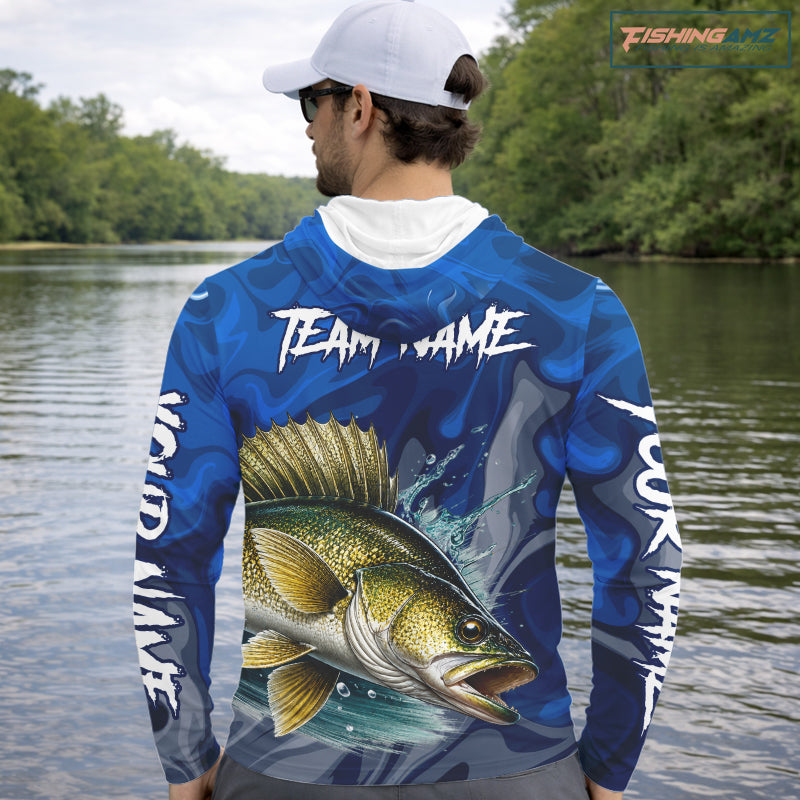 Model wearing Walleye Fishing Jersey Custom Name long sleeve hooded camo walleye fishing shirt for team, lightweight UPF fishing shirt with personalized name