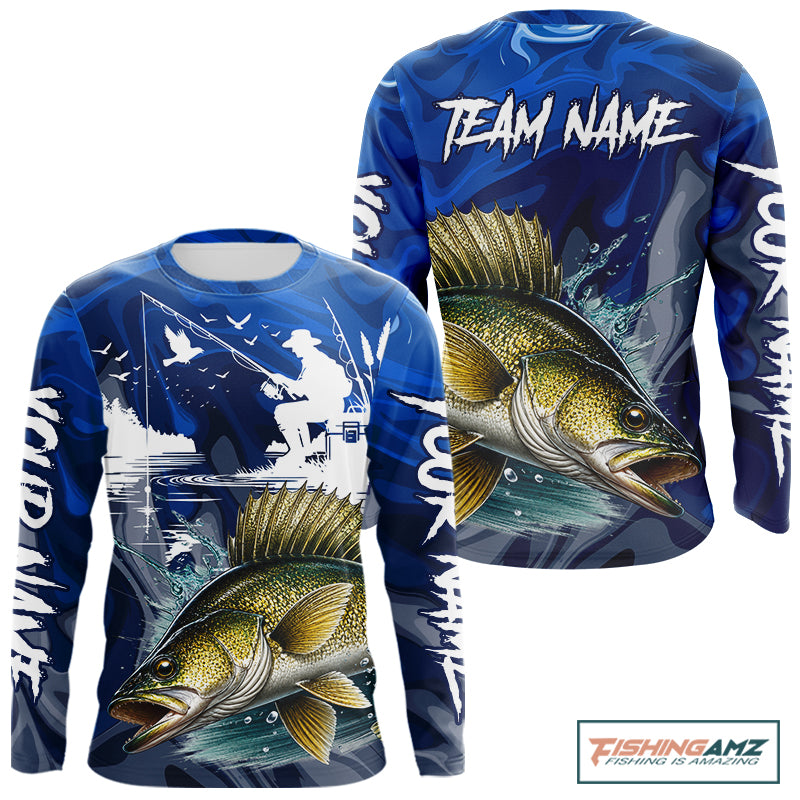 Front and back view of Walleye Fishing Jersey Custom Name long sleeve camo walleye fishing shirt for team with walleye graphic and custom name on sleeve and team name on the back