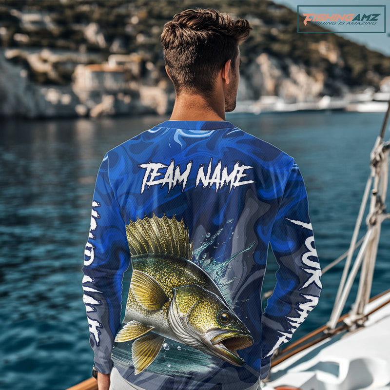 Model wearing Walleye Fishing Jersey Custom Name long sleeve camo walleye fishing shirt for team, lightweight UPF fishing shirt on the boat