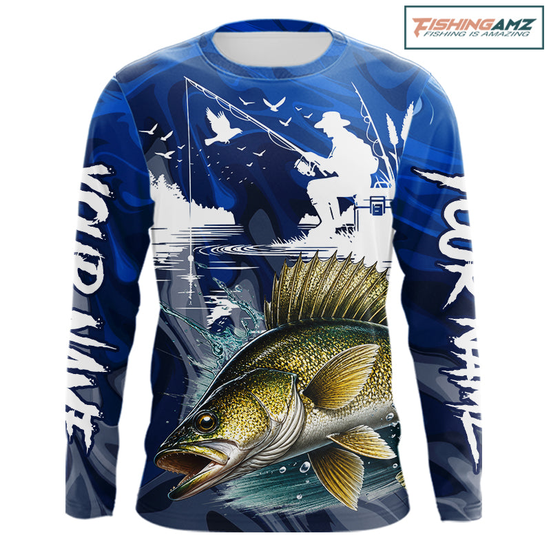 Front view of Walleye Fishing Jersey Custom Name long sleeve camo walleye fishing shirt for team with walleye graphic and custom name on sleeve