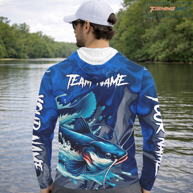 Model wearing Catfish Fishing Jersey Custom Name long sleeve hooded camo catfish fishing shirt for team, lightweight UPF fishing shirt with personalized name