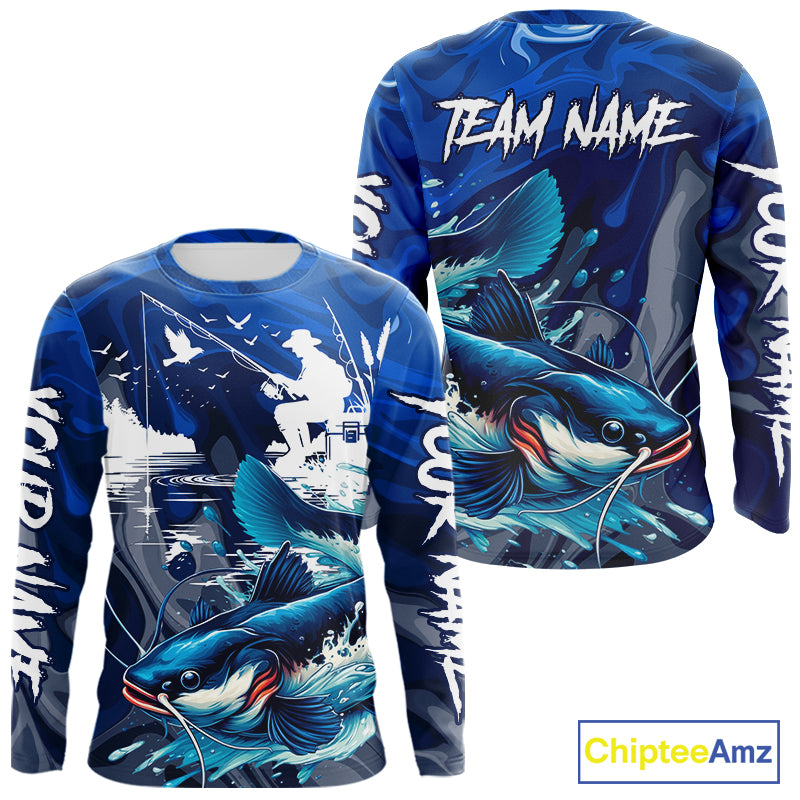 Front and back view of Catfish Fishing Jersey Custom Name long sleeve camo catfish fishing shirt for team with catfish graphic and custom name on sleeve