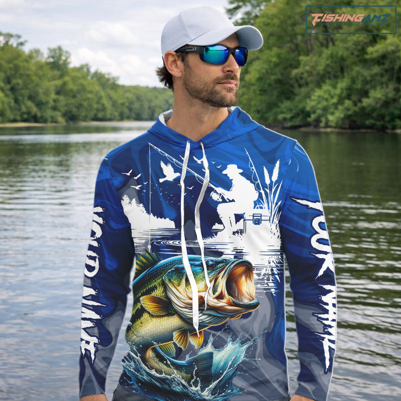 Bass Fishing Jersey Custom Name Long Sleeve Hooded Fishing Shirts, Camo Bass Fishing Shirt For Team NBT848