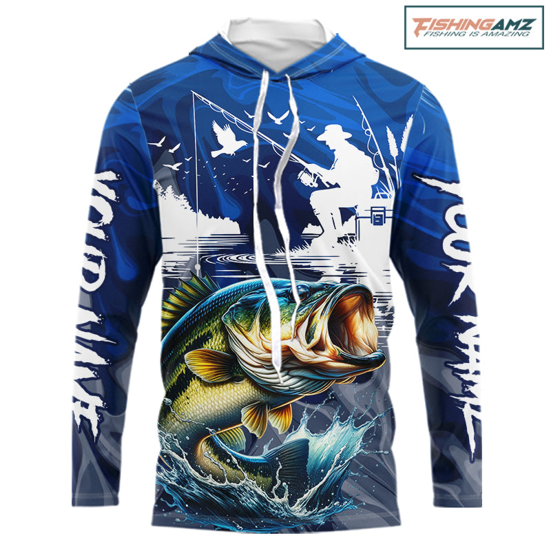 Front mockup Bass Fishing Jersey Custom Name long sleeve hooded camo bass fishing shirt for team with bass graphic and custom name on sleeves