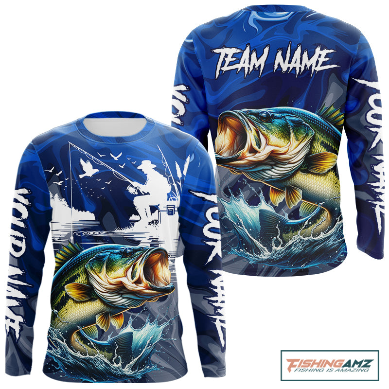 Front and back view of Bass Fishing Jersey Custom Name long sleeve camo bass fishing shirt for team with bass graphic and custom name on sleeve