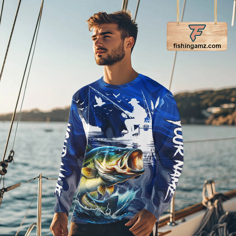 Model wearing Bass Fishing Jersey Custom Name long sleeve camo bass fishing shirt for team, lightweight UPF fishing shirt