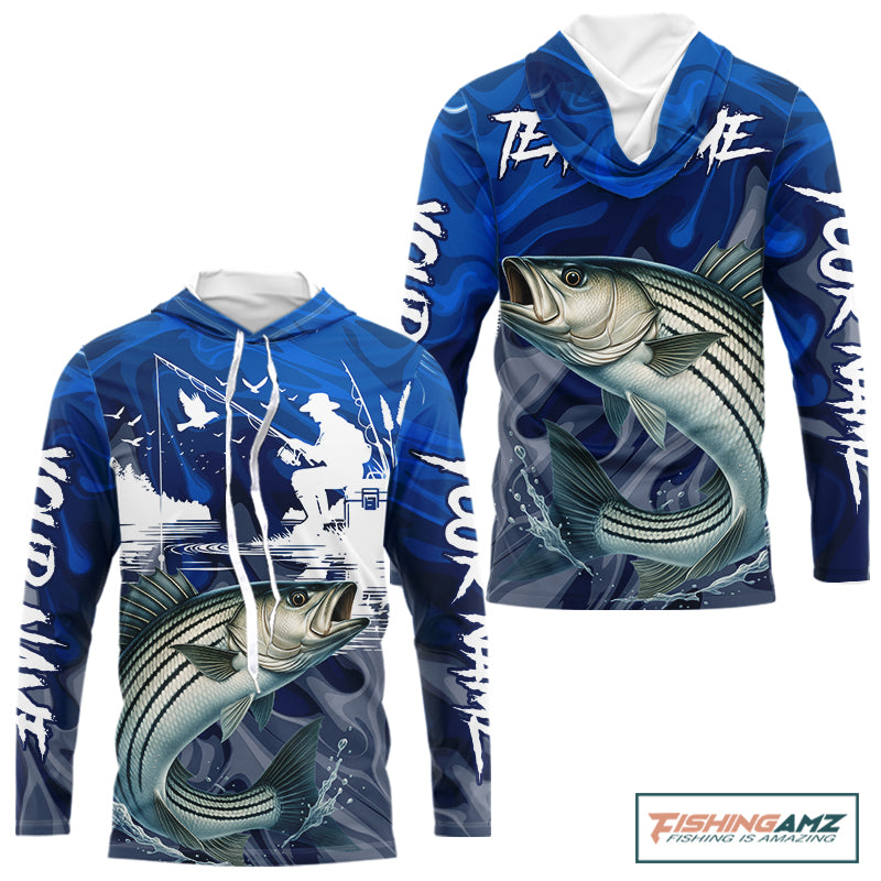 Front and back view of Striped Bass Fishing Jersey Custom Name long sleeve hooded camo striped bass fishing shirt for team with striped bass graphic and custom name on sleeve
