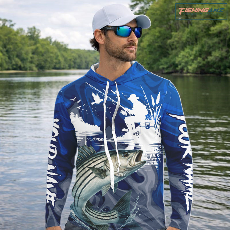 Model wearing Striped Bass Fishing Jersey Custom Name long sleeve hooded camo striped bass fishing shirt for team, lightweight UPF fishing shirt
