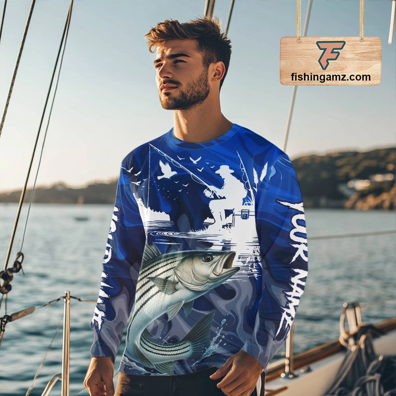 Model wearing Striped Bass Fishing Jersey Custom Name long sleeve camo striped bass fishing shirt for team, lightweight UPF fishing shirt