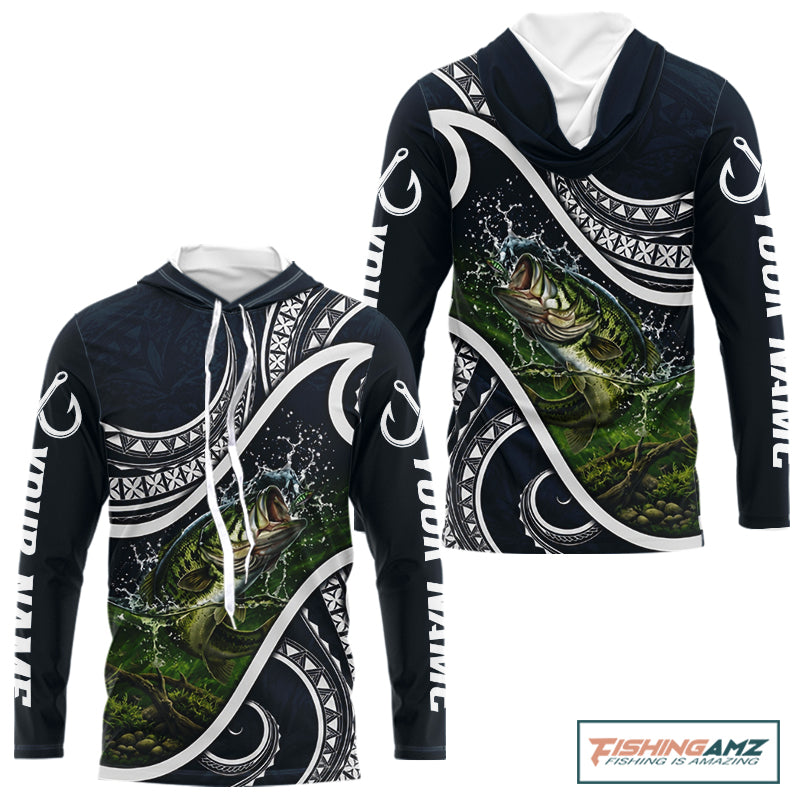 Front and back view of blue tribal pattern custom largemouth bass long sleeve fishing shirt for team anglers