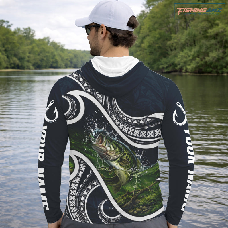 Angler wearing blue tribal pattern custom largemouth bass long sleeve hooded fishing shirt on the water