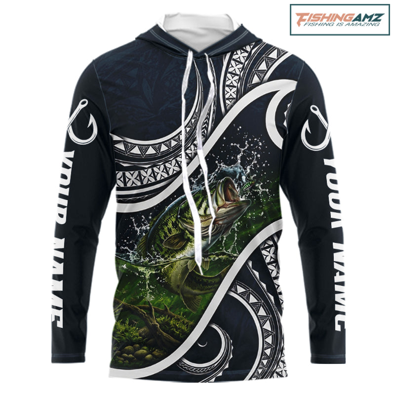 Front view of blue tribal pattern custom largemouth bass long sleeve hooded fishing shirt
