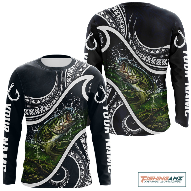 Front and back view of blue tribal pattern custom largemouth bass long sleeve fishing shirt for team anglers