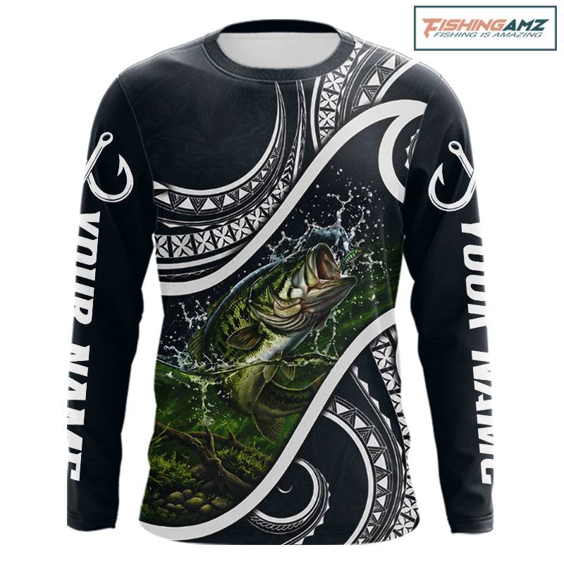 Front view of blue tribal pattern custom largemouth bass long sleeve fishing shirt