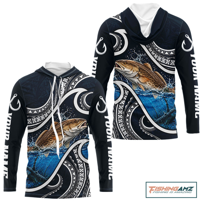 Front and back view of blue tribal pattern custom largemouth bass long sleeve fishing shirt for team anglers