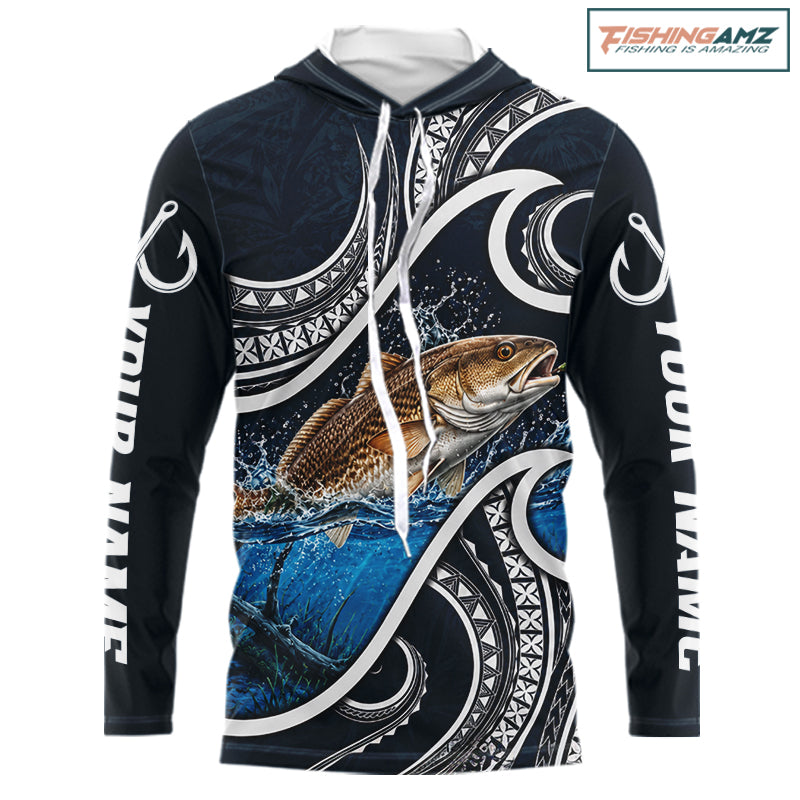 Front view of blue tribal pattern custom redfish long sleeve fishing shirt