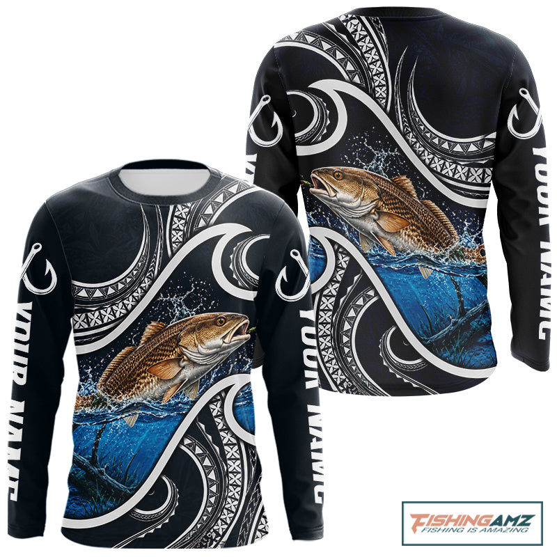 Blue Tribal Pattern Custom Redfish Long Sleeve Fishing Shirts, Redfish Fishing Shirts For Team NBT923