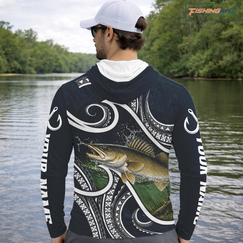 Angler wearing blue tribal pattern custom walleye long sleeve fishing shirt on the water