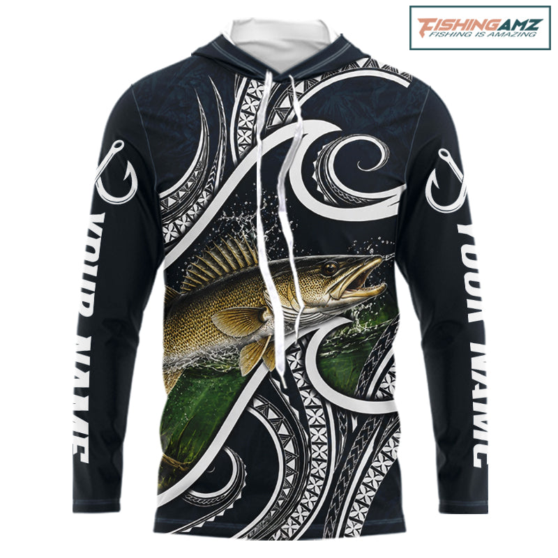 Front view of blue tribal pattern custom walleye long sleeve fishing shirt