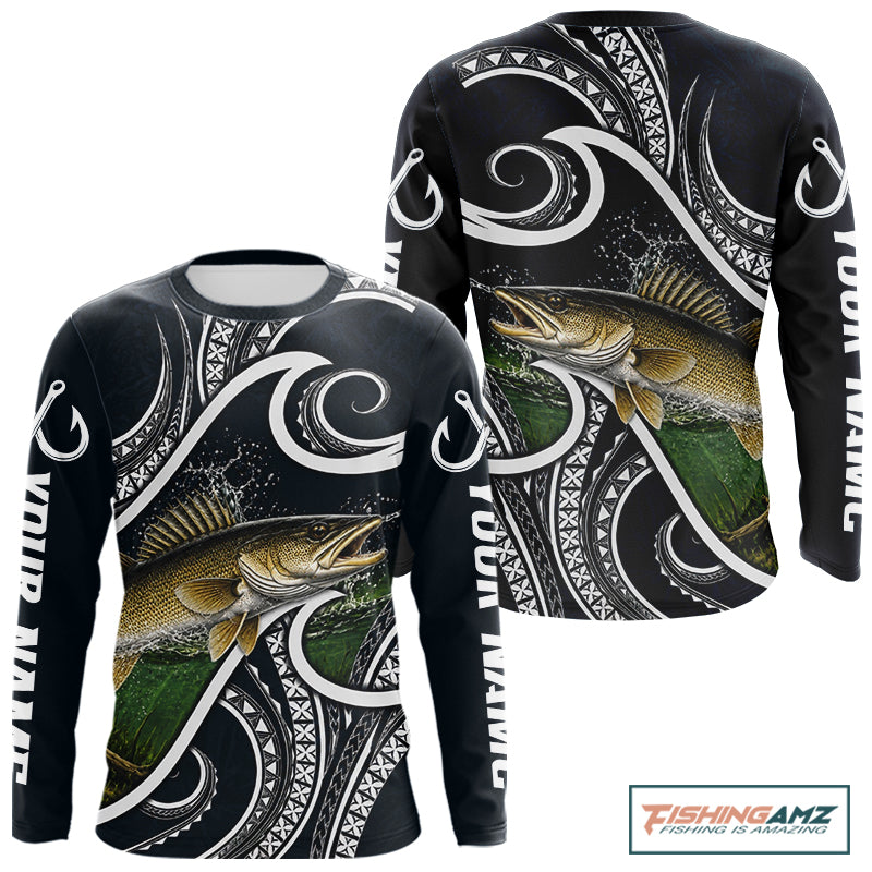 Blue Tribal Pattern Custom Walleye Long Sleeve Fishing Shirts, Walleye Fishing Shirts For Team NBT924