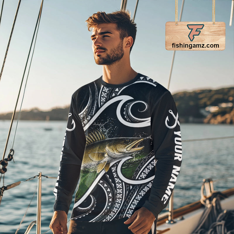 Blue Tribal Pattern Custom Walleye Long Sleeve Fishing Shirts, Walleye Fishing Shirts For Team NBT924