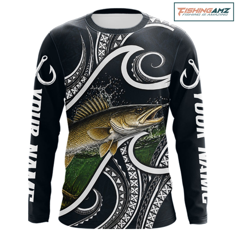 Blue Tribal Pattern Custom Walleye Long Sleeve Fishing Shirts, Walleye Fishing Shirts For Team NBT924