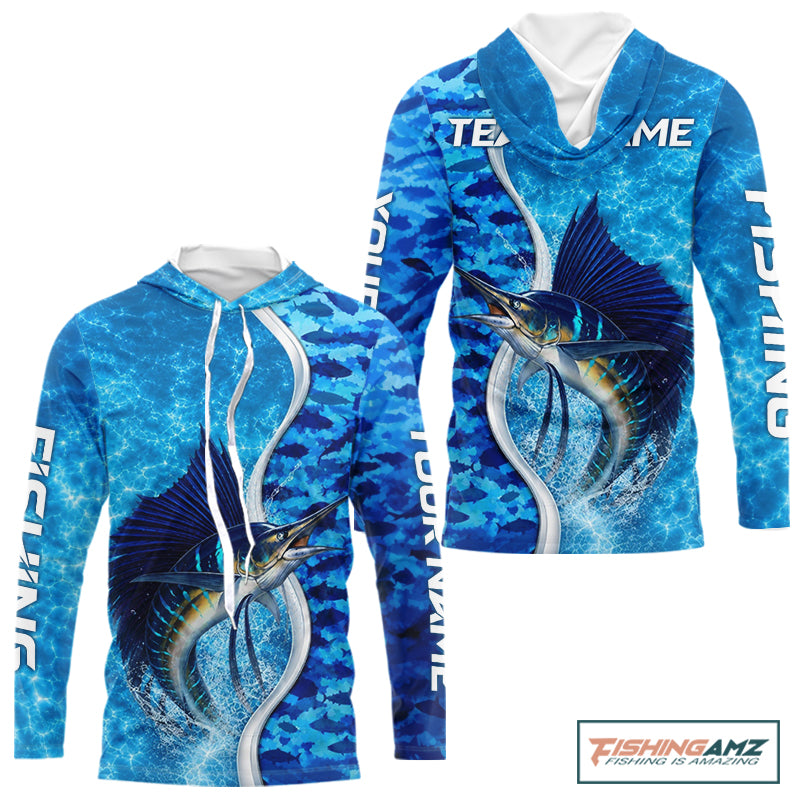 Front and back view of Sailfish fishing blue ocean camouflage performance long sleeve hooded fishing shirt for team anglers