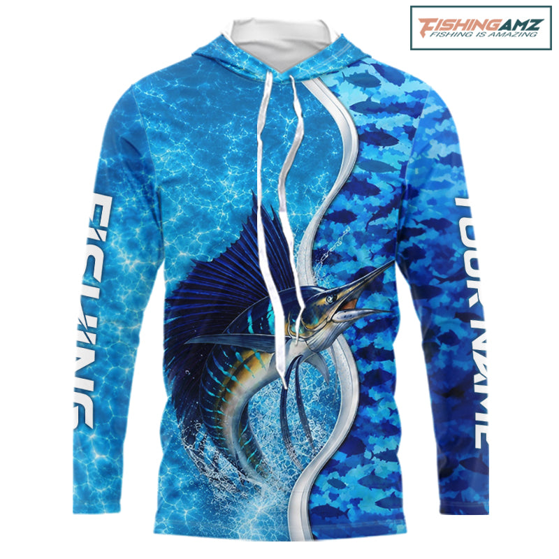 Front view of Sailfish fishing blue ocean camouflage performance long sleeve hooded fishing shirt for team