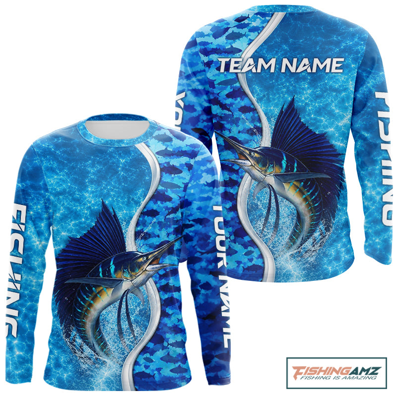 Front and back view of Sailfish fishing blue ocean camouflage performance long sleeve hooded fishing shirt for team anglers