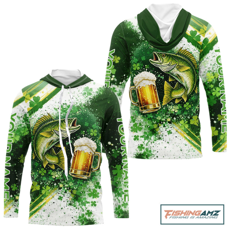St Patrick Day Walleye Mens Long Sleeve Hooded Fishing Shirts UV Protetion, Walleye Fishing Shirts NBT384